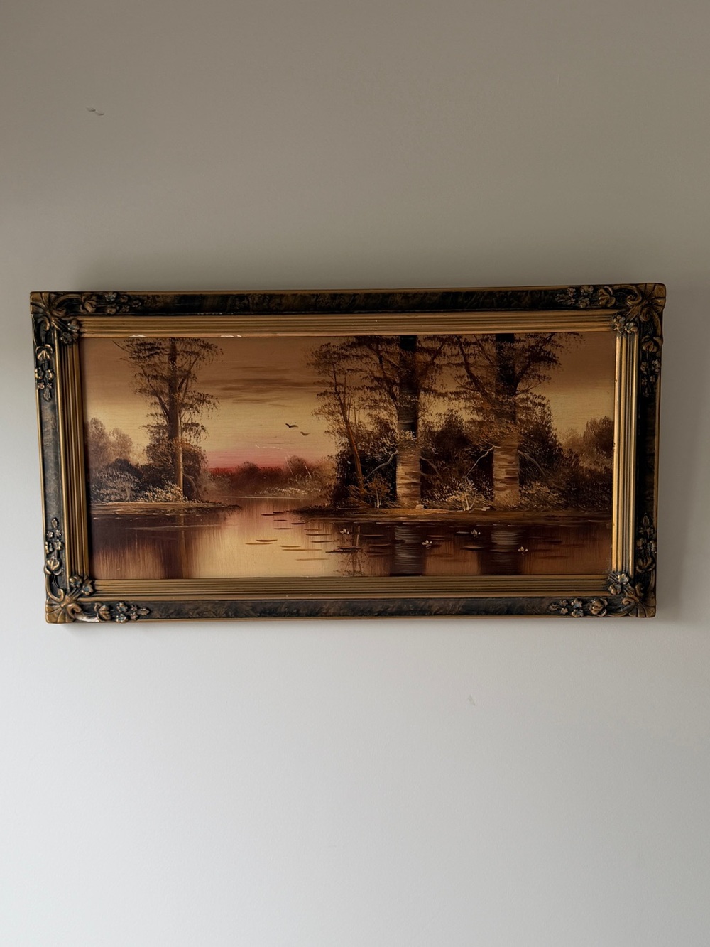 Framed Lake Painting, Vintage Sunset Landscape